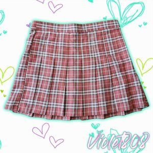 [L] Ardene Red/Burgundy Pleated Plaid/Tartan Mini School Uniform Skirt